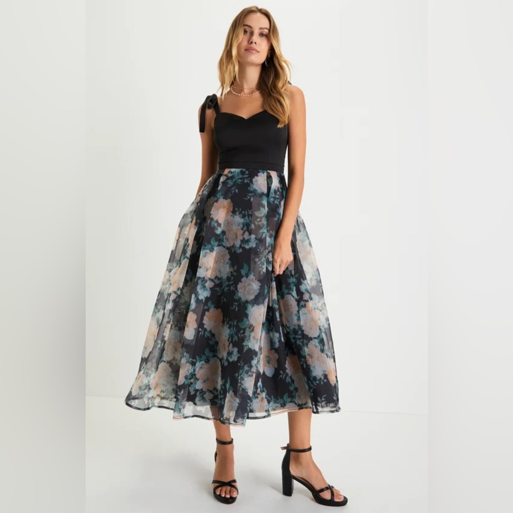 Lulus Debut Darling Black Floral Satin Organza Tie-Strap Midi Dress